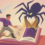 Ilustración digital de un libro desplegable abierto, del que emergen un guerrero con espada y una araña mística. Estilo colorido y limpio, con tonos pastel y composición dinámica. Hobbies creativos como los juegos de mesa y las miniaturas