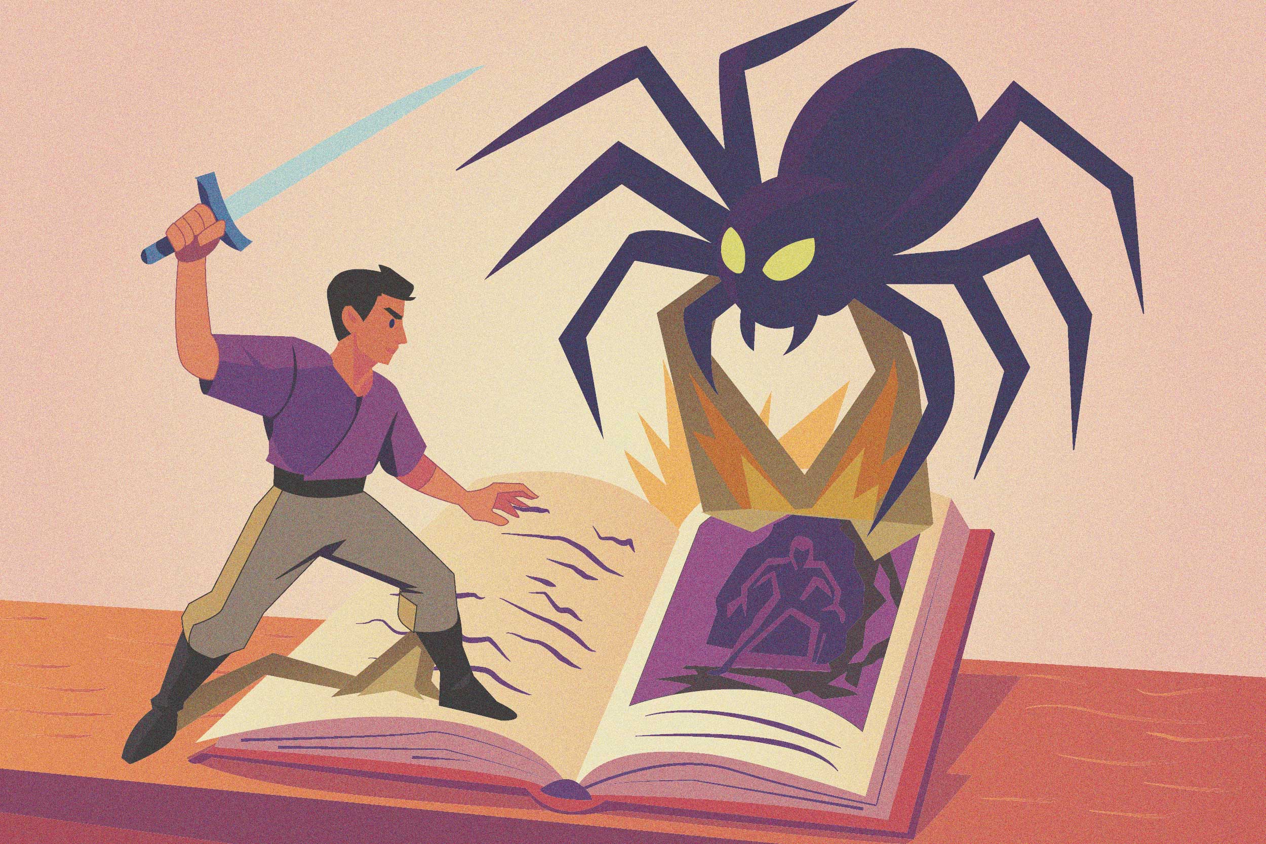 Ilustración digital de un libro desplegable abierto, del que emergen un guerrero con espada y una araña mística. Estilo colorido y limpio, con tonos pastel y composición dinámica. Hobbies creativos como los juegos de mesa y las miniaturas