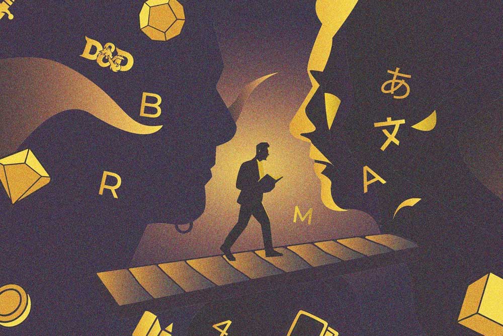 Ilustración de un traductor cruzando un puente entre dos rostros formados por letras, dados y símbolos de juegos de rol y mesa, para la entrevista a Juan P. Betanzos en Revista Turno.