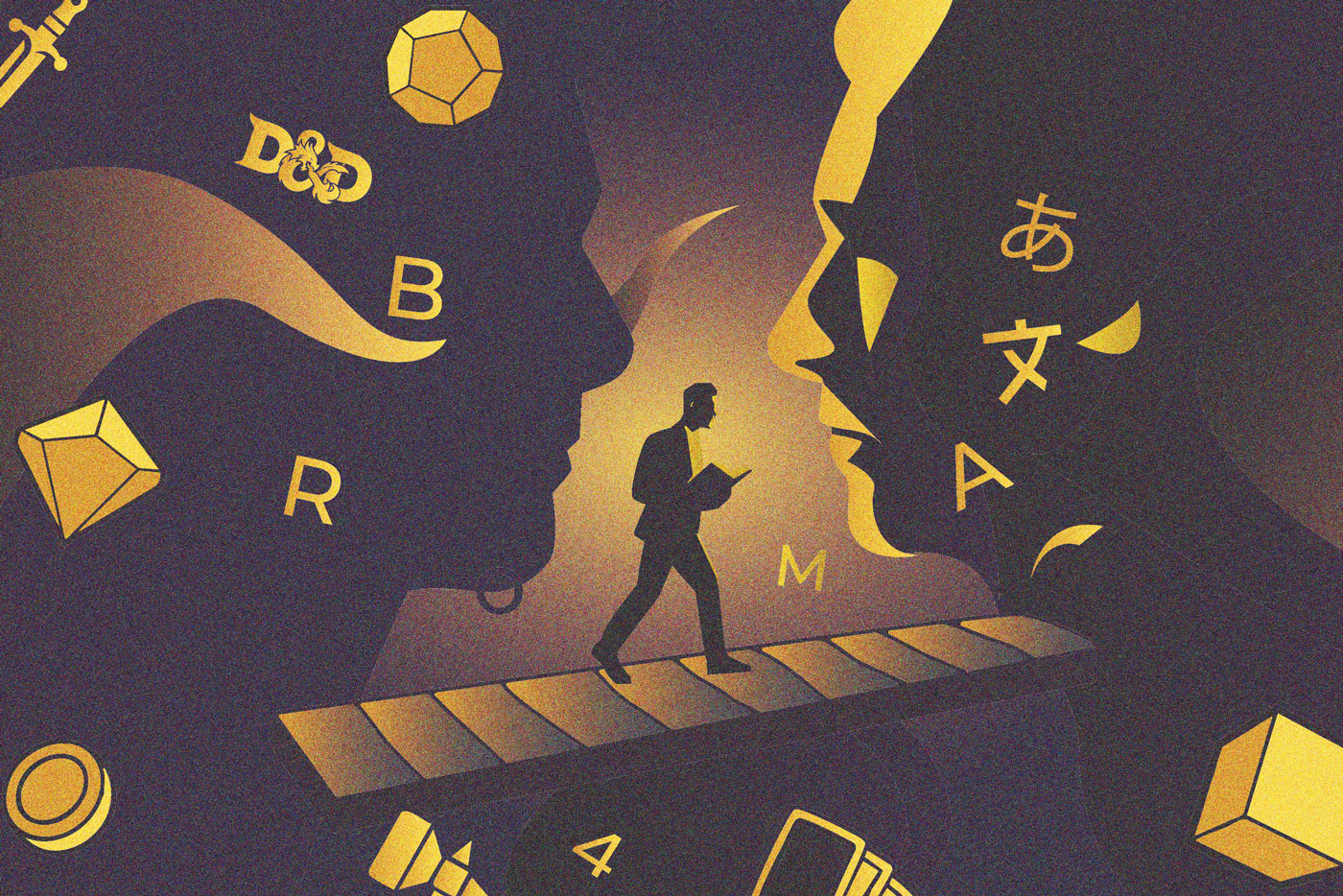 Ilustración de un traductor cruzando un puente entre dos rostros formados por letras, dados y símbolos de juegos de rol y mesa, para la entrevista a Juan P. Betanzos en Revista Turno.