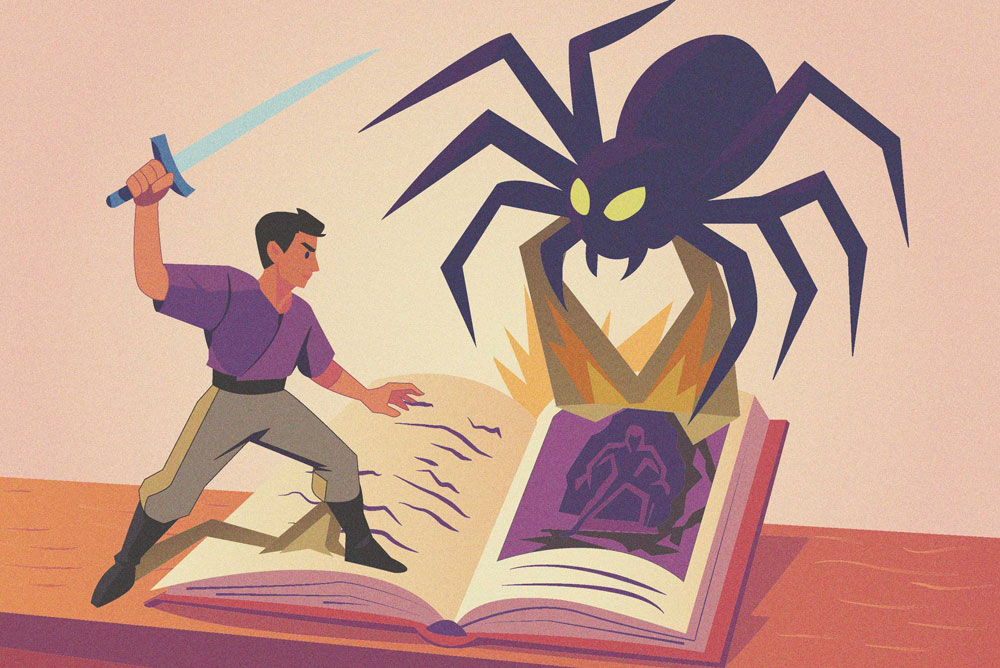 Ilustración digital de un libro desplegable abierto, del que emergen un guerrero con espada y una araña mística. Estilo colorido y limpio, con tonos pastel y composición dinámica. Hobbies creativos como los juegos de mesa y las miniaturas