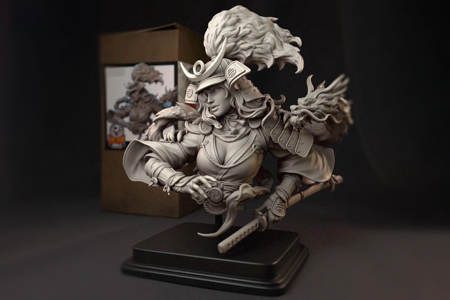 Busto en resina de Ashina, the Masterless Blade, una figura de samurái femenina con armadura detallada y katana, diseñada por Hera Models.