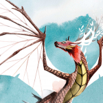 Ilustración de un dragón alado de colores brillantes en el juego de mesa Wyrmspan.