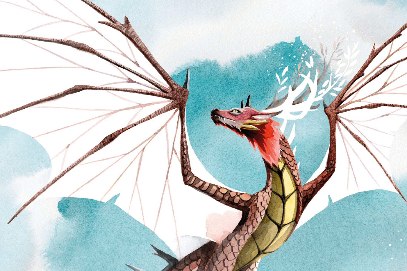 Ilustración de un dragón alado de colores brillantes en el juego de mesa Wyrmspan.
