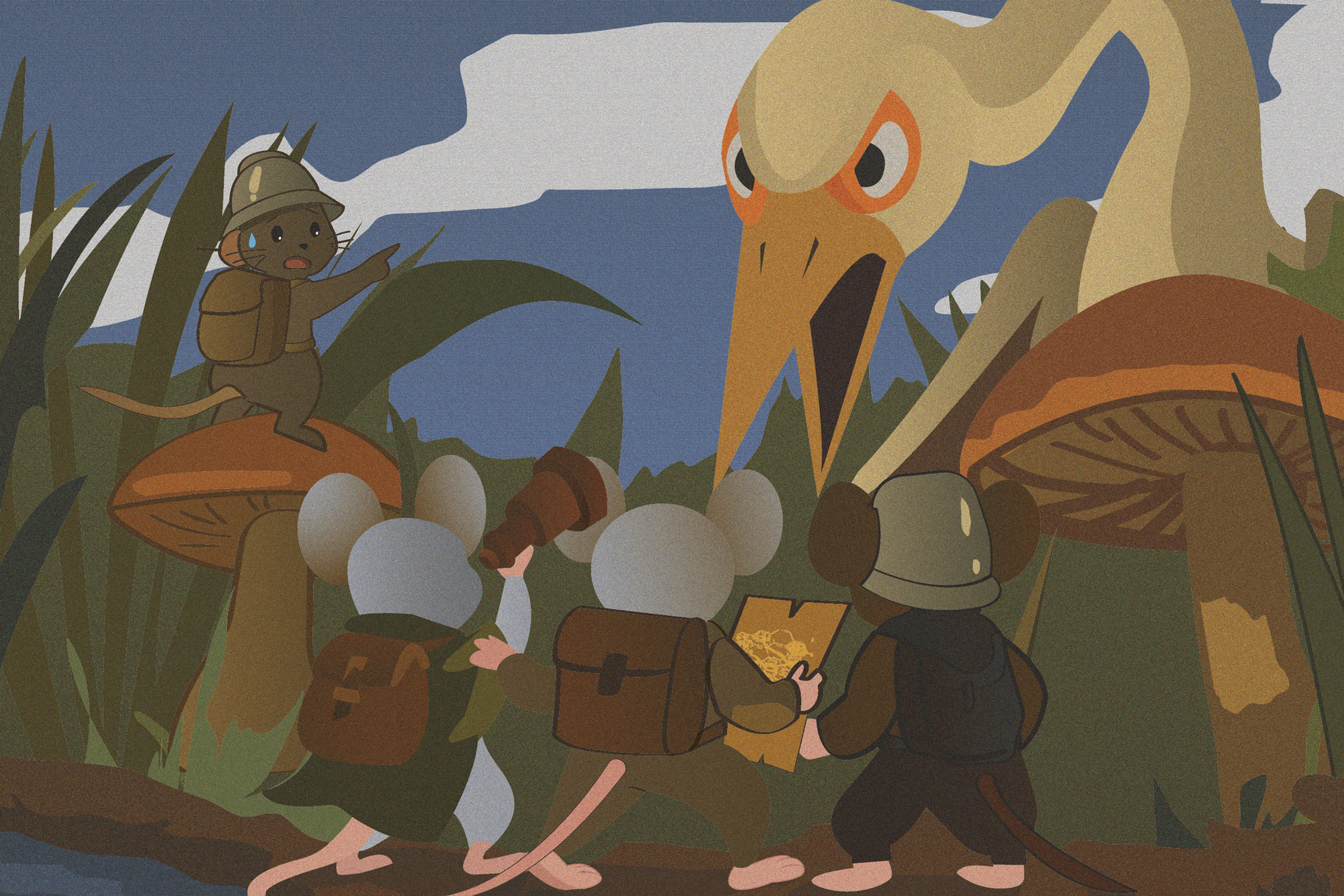 Ilustración de @whoisrooster: grupo de ratones aventureros con mapa, catalejo y espada avanzan entre setas gigantes mientras un ave los observa.
