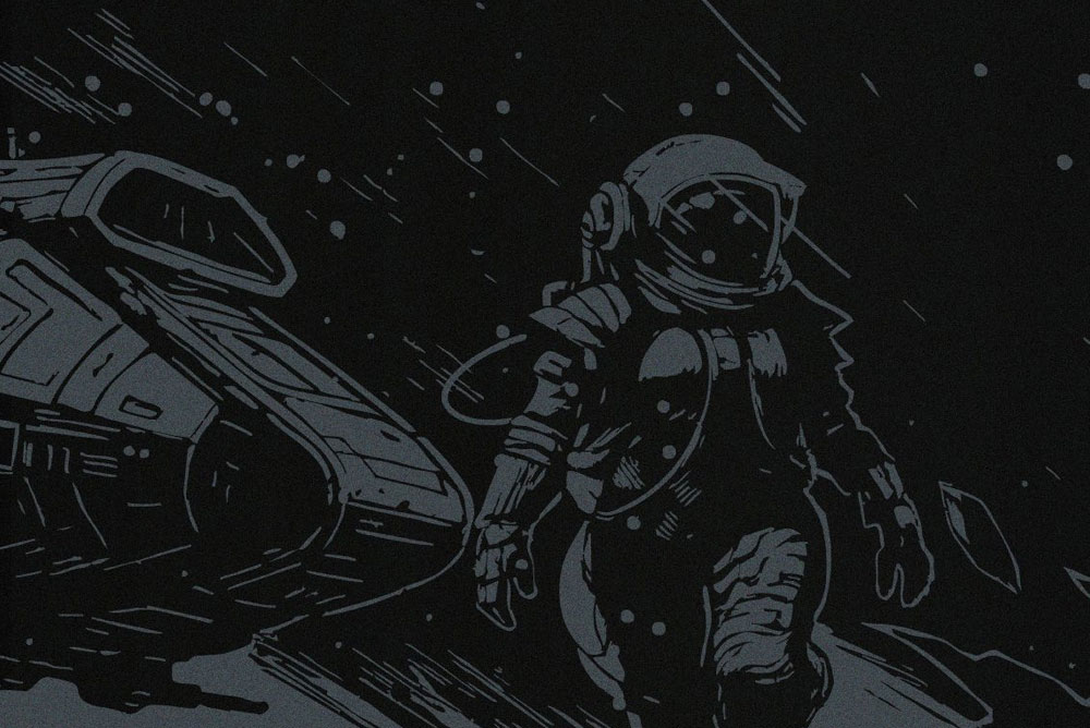 Ilustración de Dead Planet para Mothership RPG, un astronauta camina en soledad junto a su nave en el vacío del espacio, arte de whoisrooster