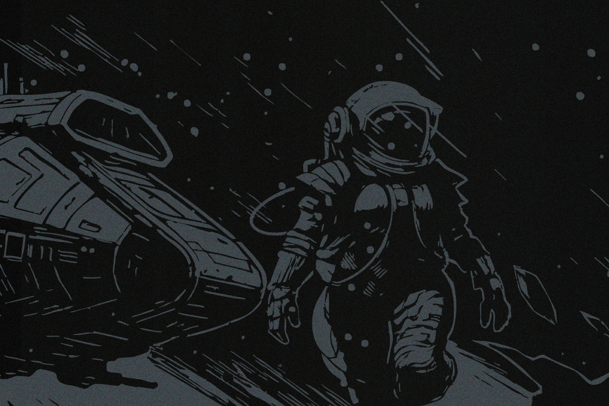 Ilustración de Dead Planet para Mothership RPG, un astronauta camina en soledad junto a su nave en el vacío del espacio, arte de whoisrooster