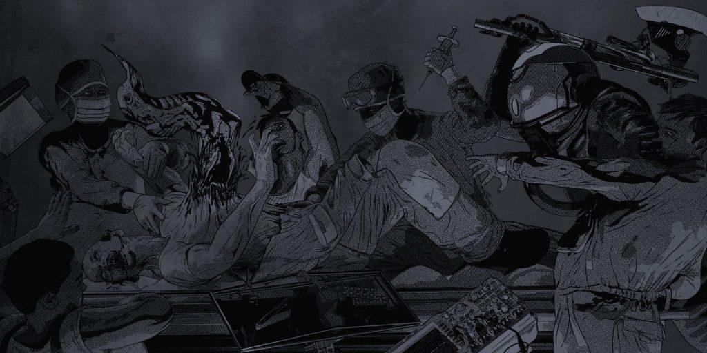 Ilustración para Mothership RPG, escena quirúrgica donde un ser alienígena emerge violentamente del pecho de un paciente rodeado de médicos y soldados