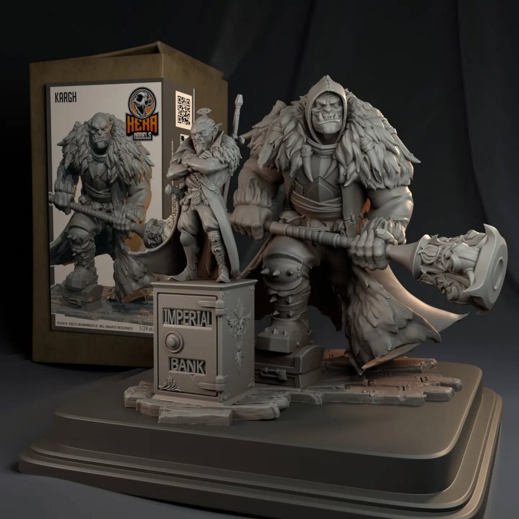 Miniaturas Kargh y Magh de Hera Models en resina, mostradas junto a su caja de presentación oficial