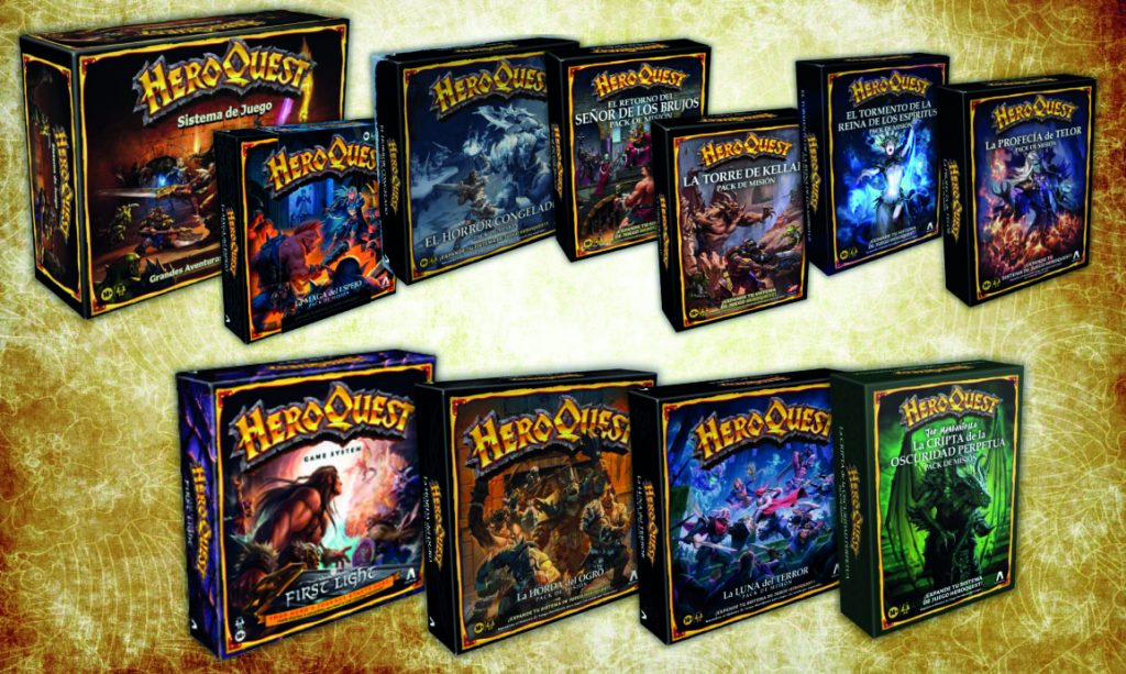 Cajas de HeroQuest traducidas al español por Juan P. Betanzos: sistema de juego, expansiones y packs de misión.