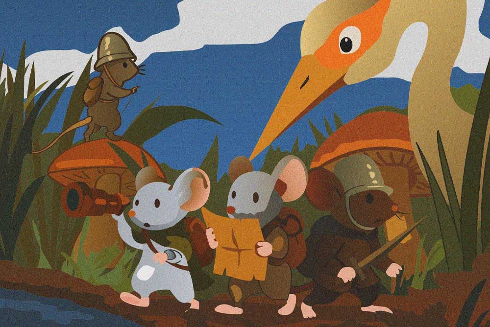 Ilustración de @whoisrooster: grupo de ratones aventureros con mapa, catalejo y espada avanzan entre setas gigantes mientras un ave los observa.