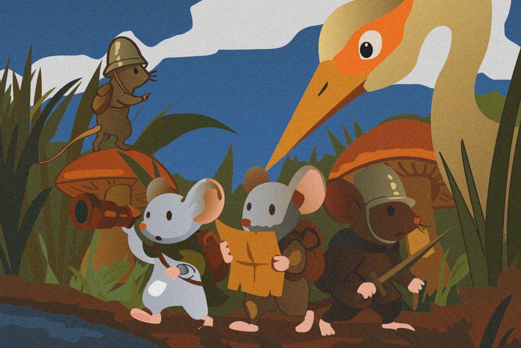 Ilustración de @whoisrooster: grupo de ratones aventureros con mapa, catalejo y espada avanzan entre setas gigantes mientras un ave los observa.