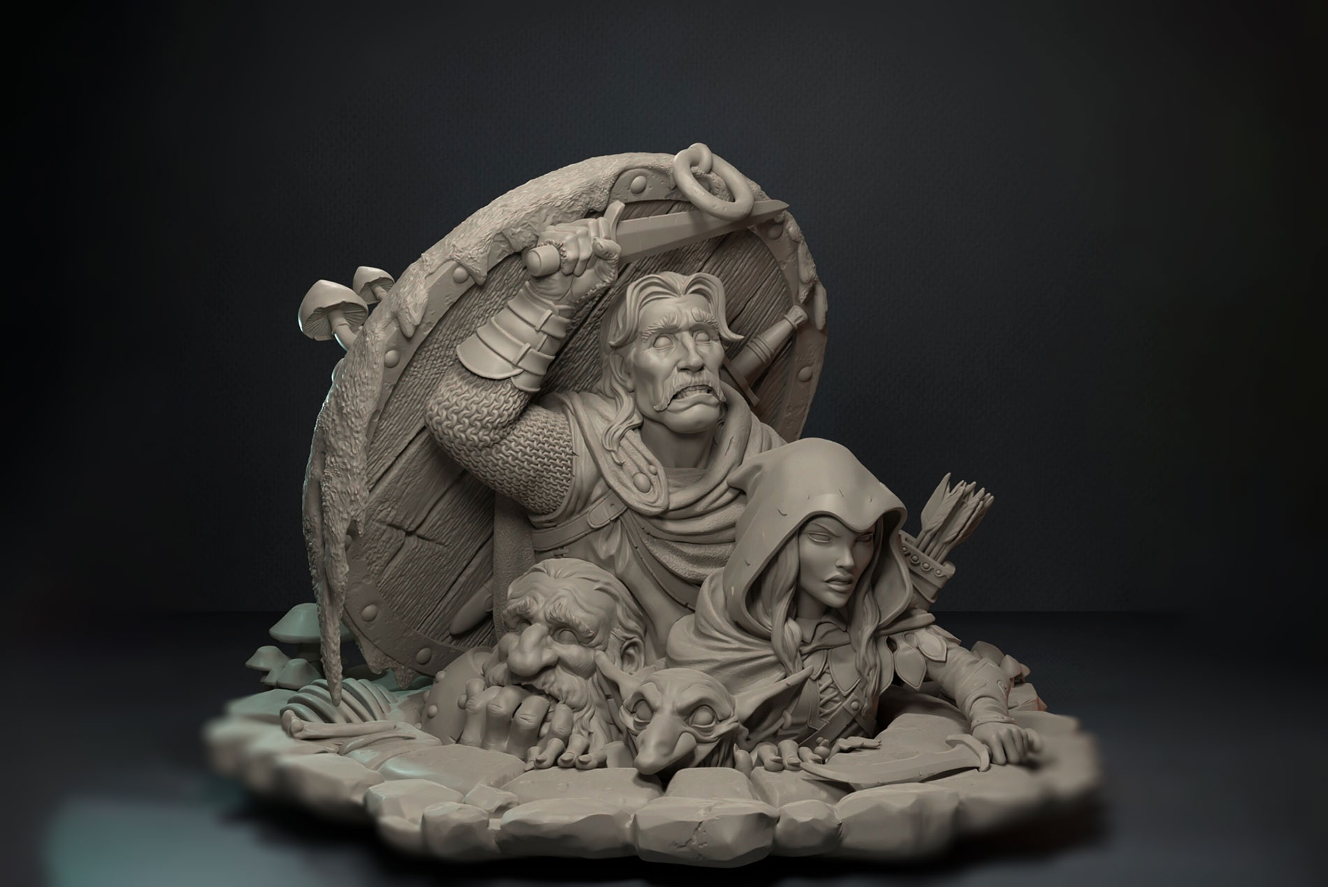 Escultura digital de fantasía titulada “The Party”, creada por Joaquín Palacios. Varias figuras emergen de una misma base rocosa, representando su maestría en el modelado 3D y el arte en miniatura.