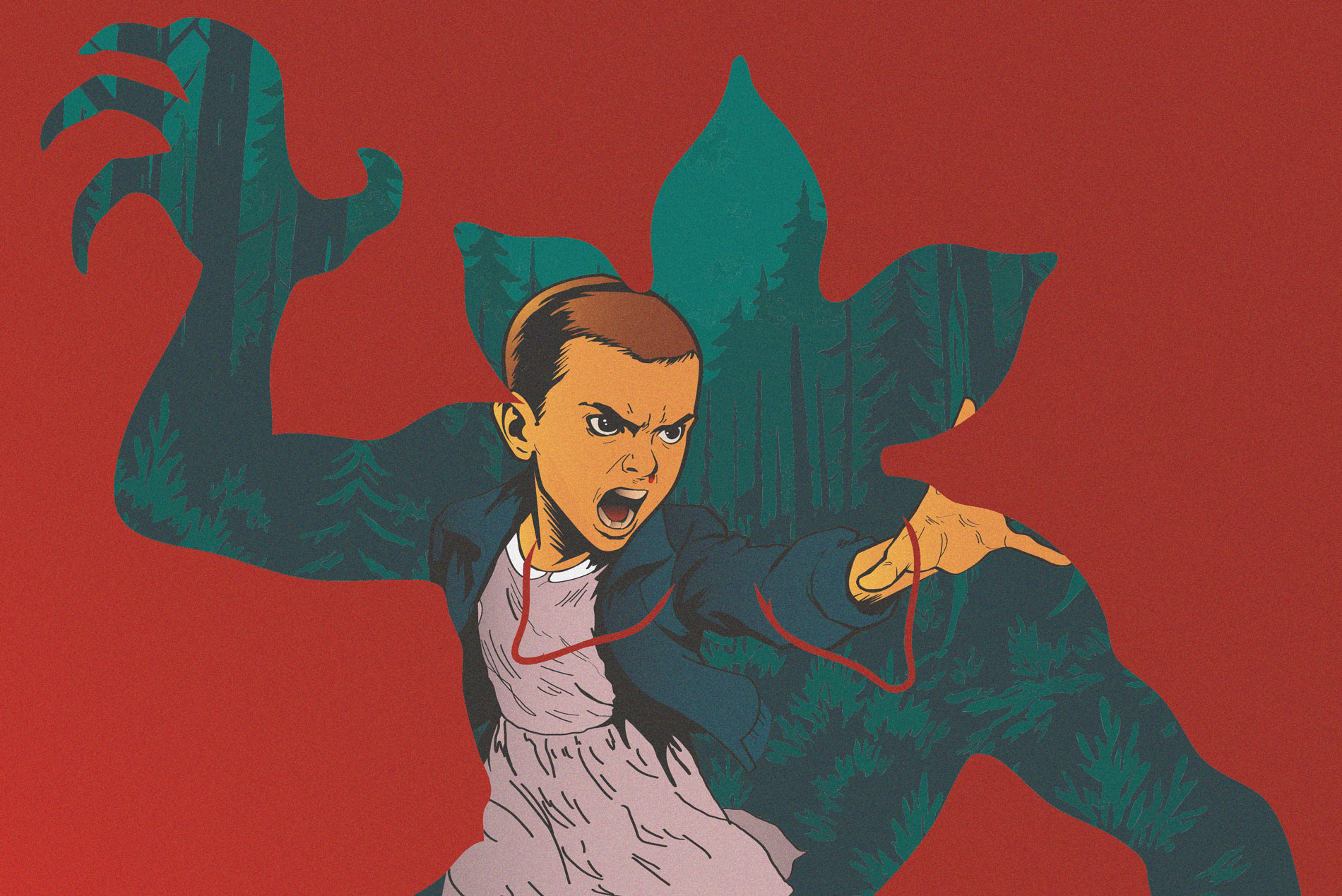 Escena inspirada en Stranger Things. Once se enfrenta al Demogorgon, símbolo del miedo y la imaginación en Stranger Things.