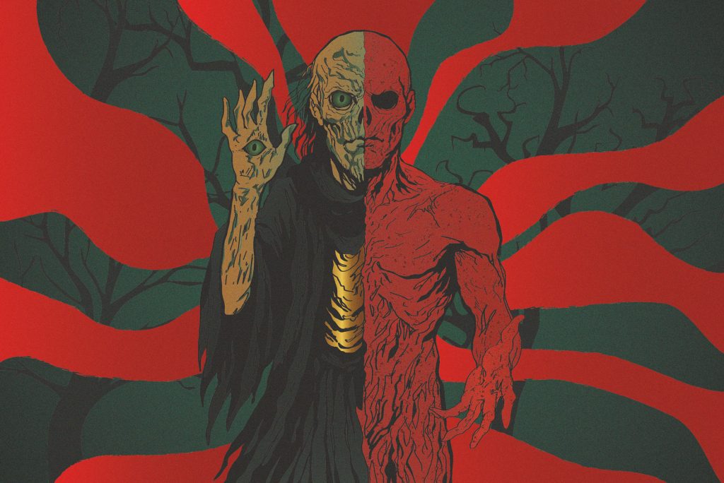 Ilustración de Vecna dividido en dos mitades, con estética oscura, inspirada en Stranger Things y Dungeons & Dragons.