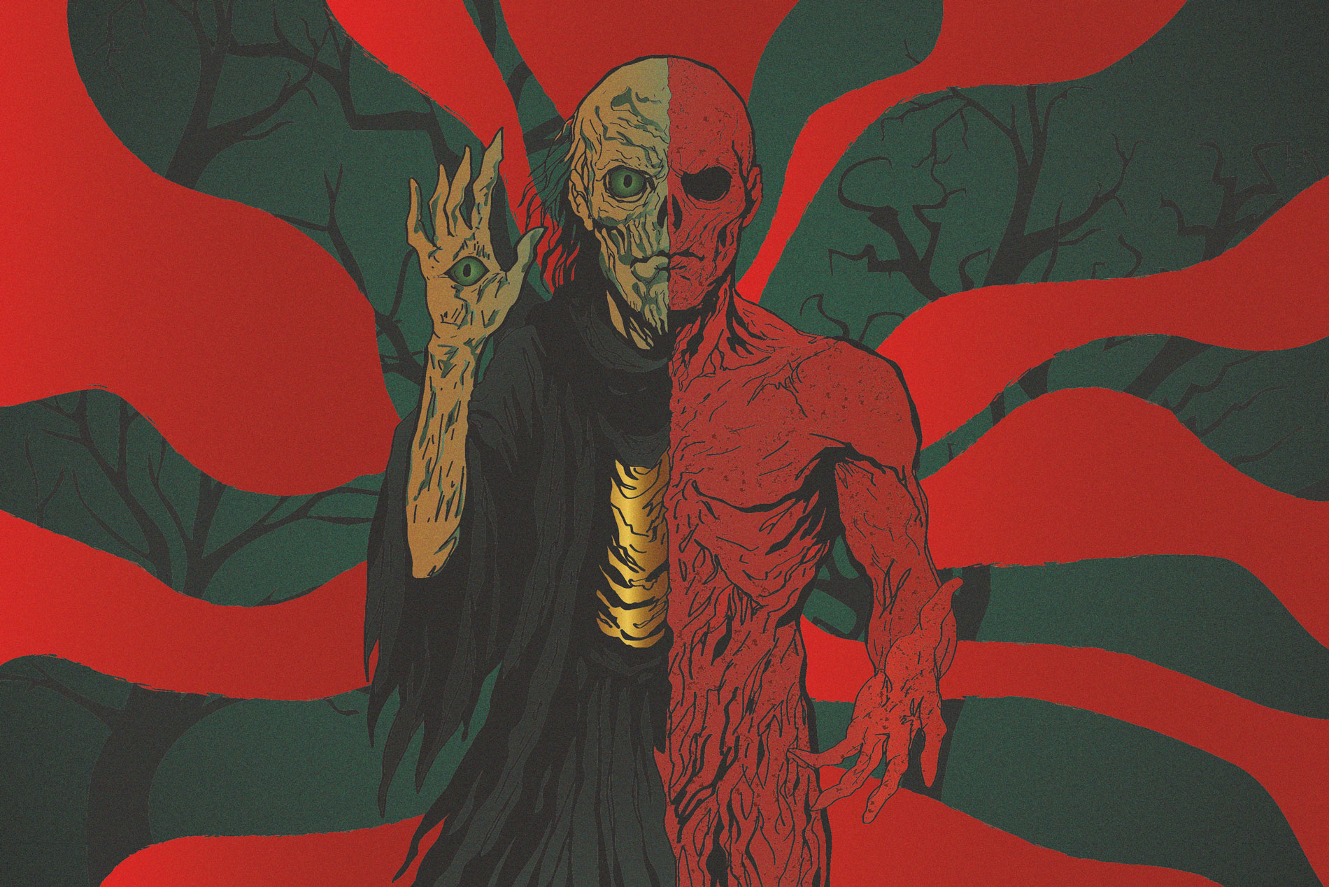 Ilustración de Vecna dividido en dos mitades, con estética oscura, inspirada en Stranger Things y Dungeons & Dragons.