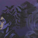 Ilustración de whoisrooster para Viejos Mitos: un personaje pensativo entre murciélagos, ruinas y niebla violeta, evocando el horror cósmico del juego.