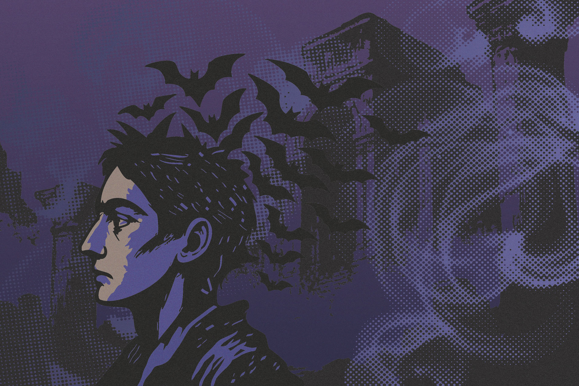 Ilustración de whoisrooster para Viejos Mitos: un personaje pensativo entre murciélagos, ruinas y niebla violeta, evocando el horror cósmico del juego.