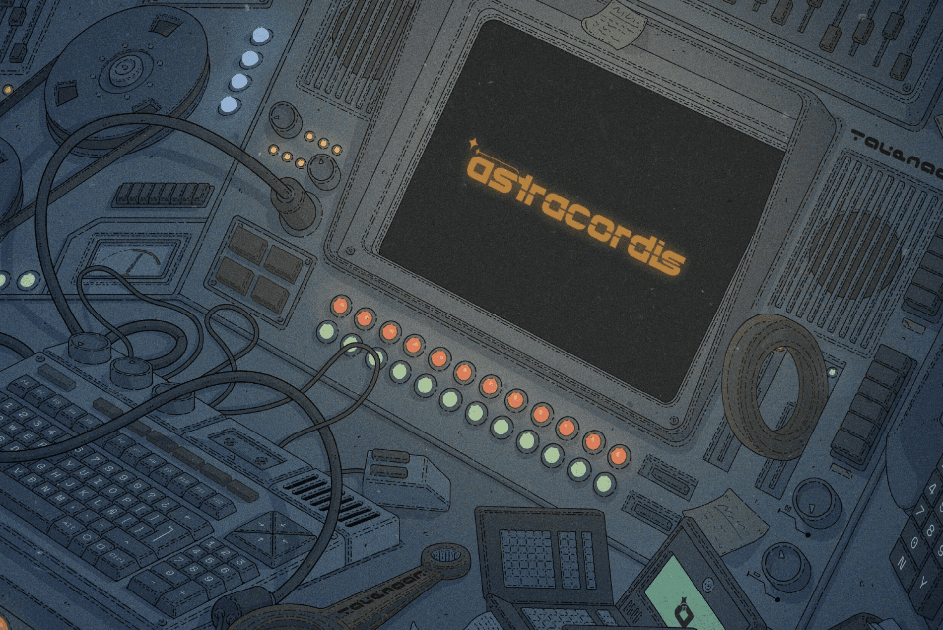 Panel retrofuturista con la interfaz de Astracordis iluminada en una consola tecnológica.