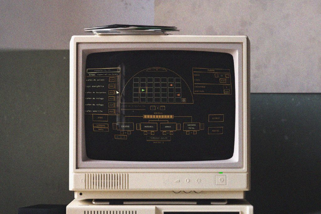Interfaz retrofuturista de Astracordis en un monitor antiguo durante una partida online.