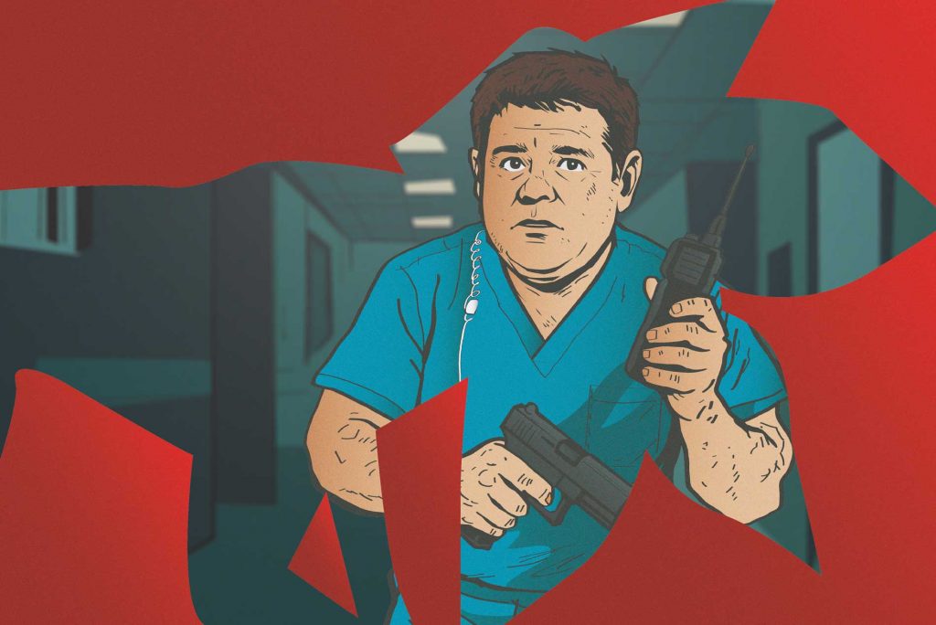 Ilustración de Bob Newby con uniforme azul, sosteniendo un walkie-talkie y una pistola en un pasillo, inspirada en Stranger Things.