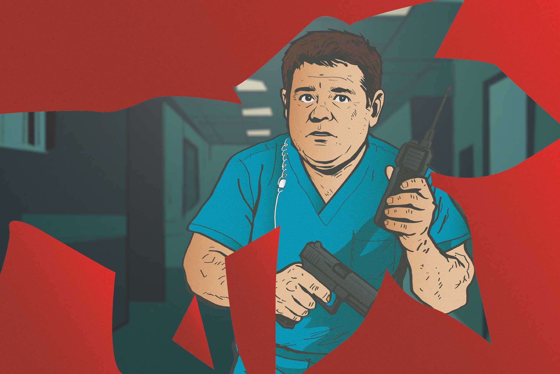 Ilustración de Bob Newby con uniforme azul, sosteniendo un walkie-talkie y una pistola en un pasillo, inspirada en Stranger Things.