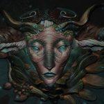 Rostro onírico de criatura fantástica pintada en miniatura, obra de Andrea (Droidena).