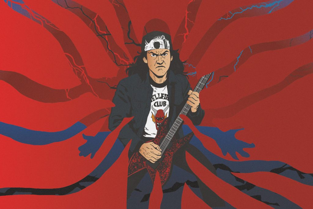 Ilustración de Eddie Munson con guitarra y camiseta del Hellfire Club sobre un fondo rojo inspirado en Stranger Things, ilustración por whoisrooster.