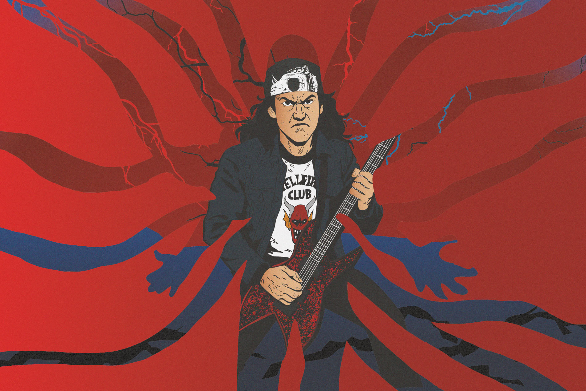 Ilustración de Eddie Munson con guitarra y camiseta del Hellfire Club sobre un fondo rojo inspirado en Stranger Things, ilustración por whoisrooster.