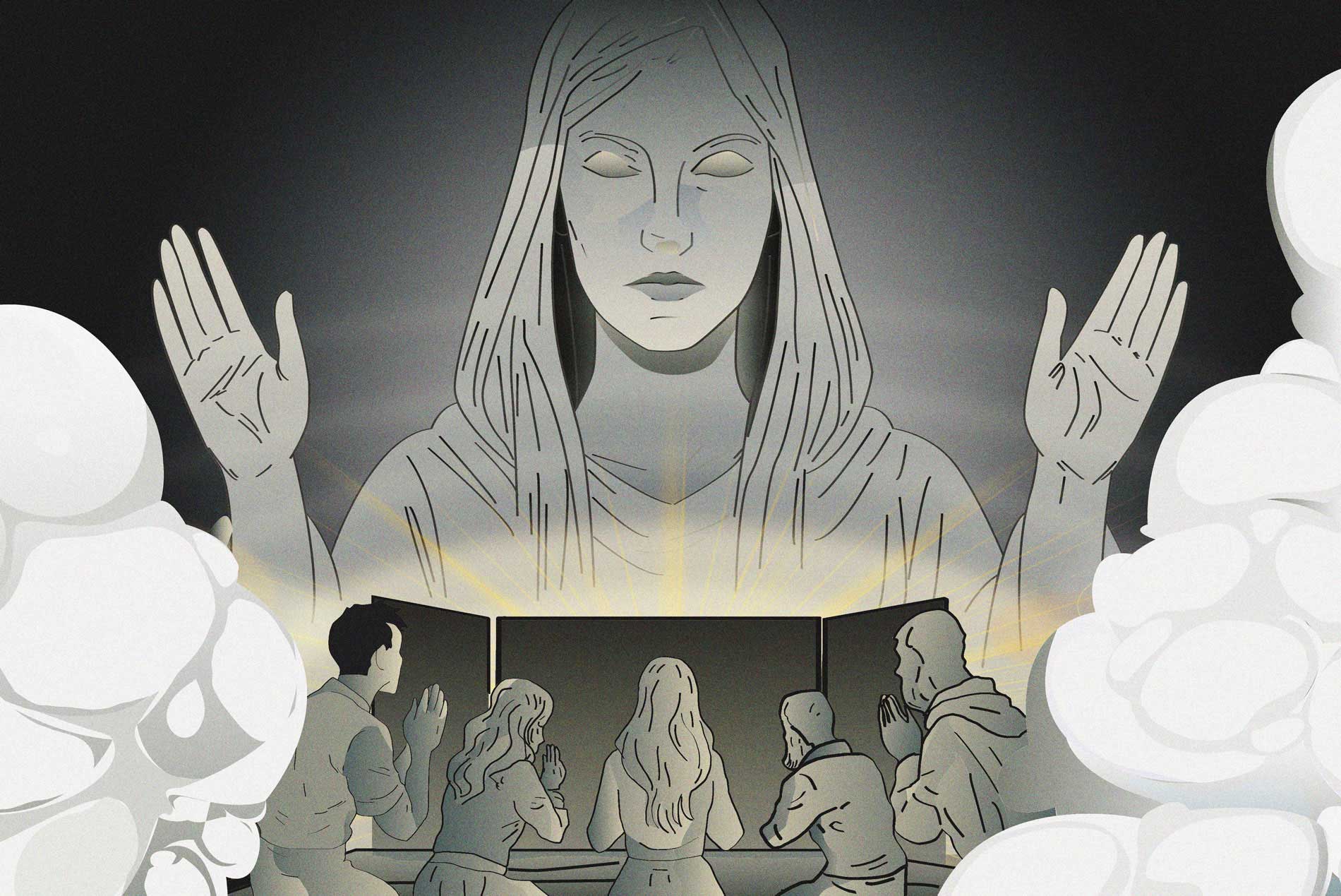 Ilustración de una mesa de juego de rol observada por una figura divina, símbolo del máster como guía y creador de mundos.