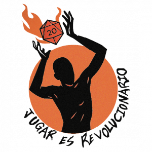 Ilustración de una figura levantando un dado de veinte caras en llamas con el mensaje “Jugar es revolucionario”.