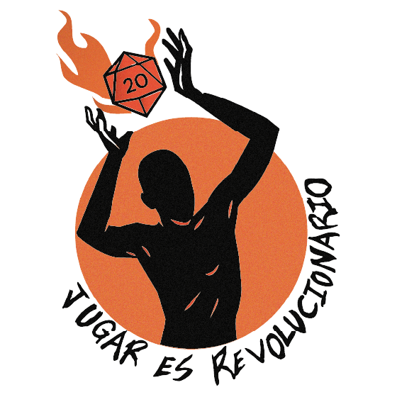 Ilustración de una figura levantando un dado de veinte caras en llamas con el mensaje “Jugar es revolucionario”.