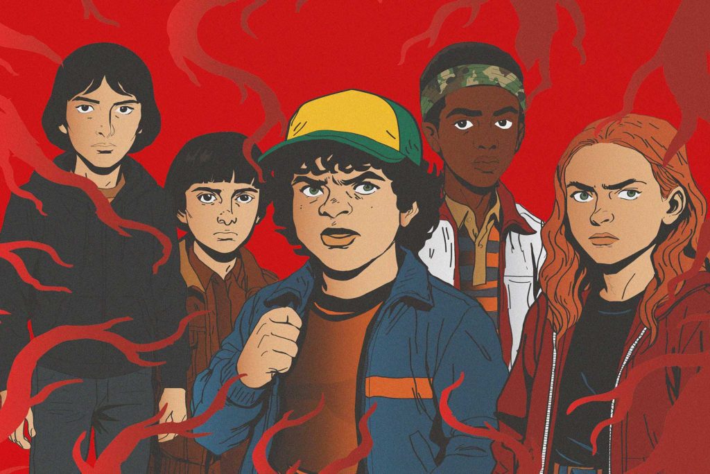 Ilustración del grupo protagonista de Stranger Things con fondo rojo y formas oscuras rodeándolos.
