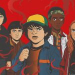 Ilustración del grupo protagonista de Stranger Things con fondo rojo y formas oscuras rodeándolos.