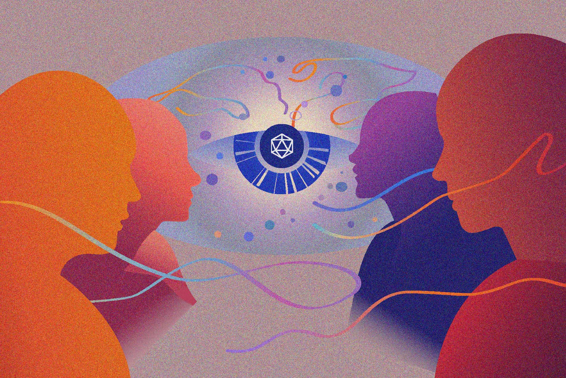 Figuras humanas estilizadas conectadas por líneas de color alrededor de un centro común, evocando la construcción colectiva de historias en juegos de rol.