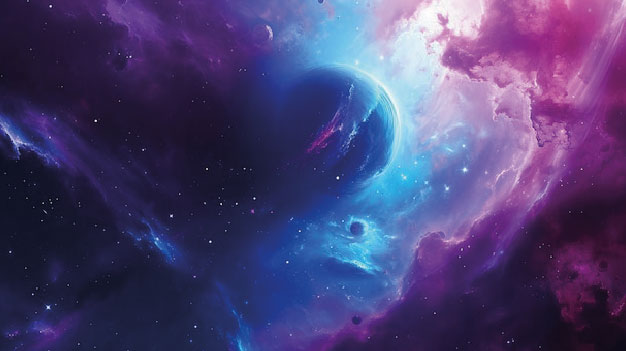 Ilustración espacial en tonos púrpura y azul con una nebulosa luminosa y un planeta oscuro en el centro.