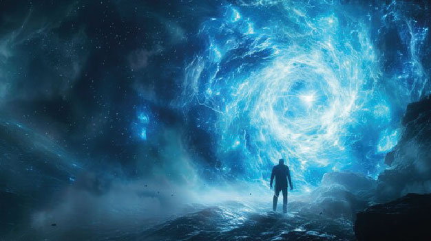 Figura humana frente a un enorme remolino de energía azul brillante en un entorno rocoso y oscuro.