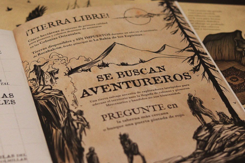 Página ilustrada con un cartel tipo anuncio que dice “Se buscan aventureros” dentro del libro La Bahía de los Espíritus.