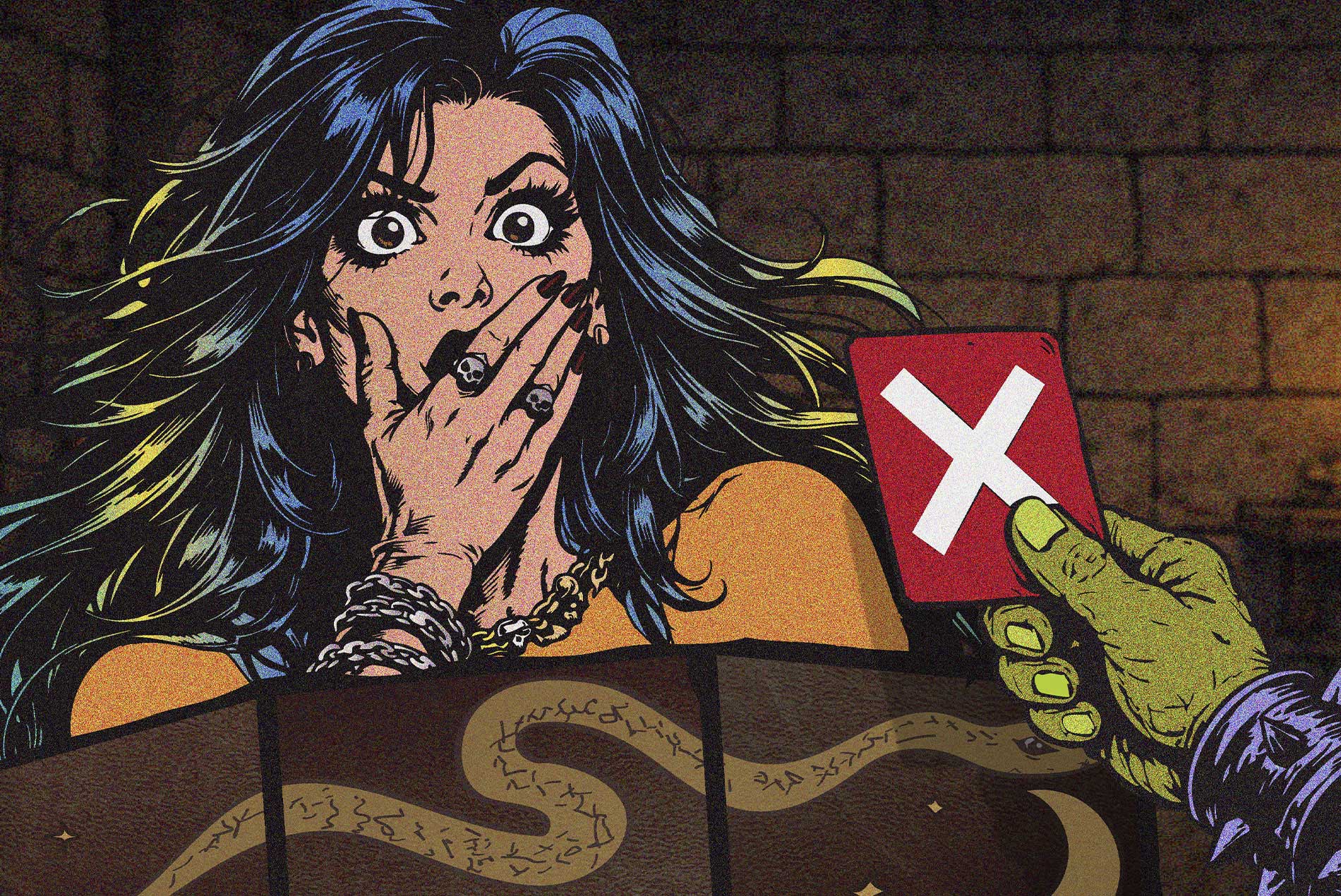 Ilustración de una jugadora sorprendida mientras otra mano muestra una Tarjeta X roja durante una partida de rol