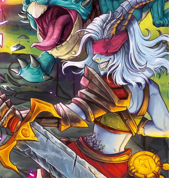 Ilustración de un personaje fantástico de The Age of Rift empuñando una espada durante un combate