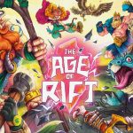 Ilustración del juego de mesa The Age of Rift con héroes fantásticos enfrentándose alrededor del logotipo central