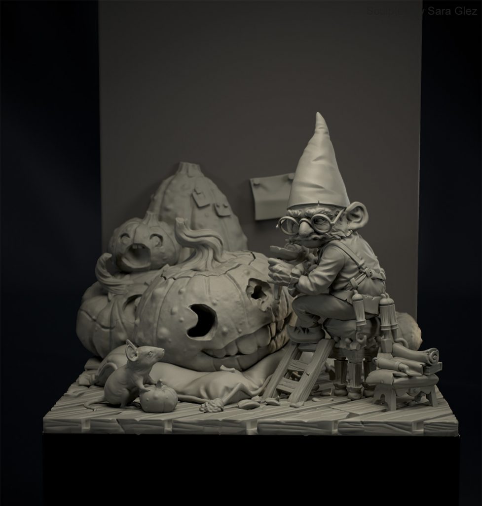 Escultura en miniatura de un gnomo tallando una calabaza gigante en escena detallada