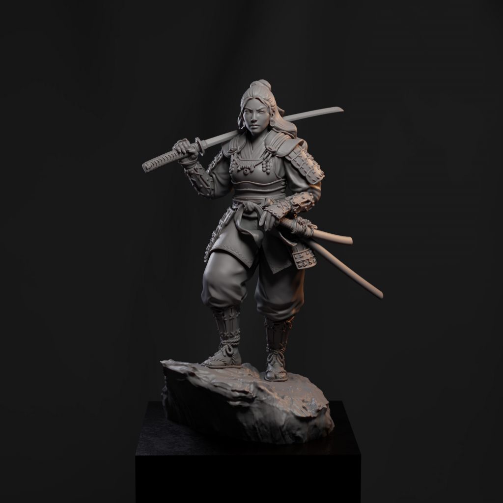 Escultura en miniatura de una guerrera samurái con katana, personaje Kana
