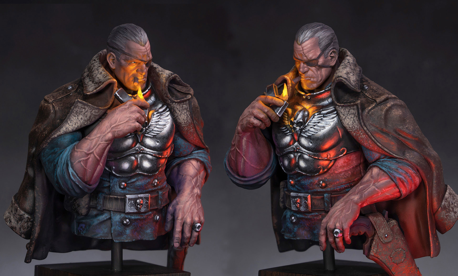 Busto de Sebastian Highway “The Vulture”, pintado por Juan Sanz, mostrando dos vistas del personaje con abrigo, armadura metálica y una llama iluminando el rostro.