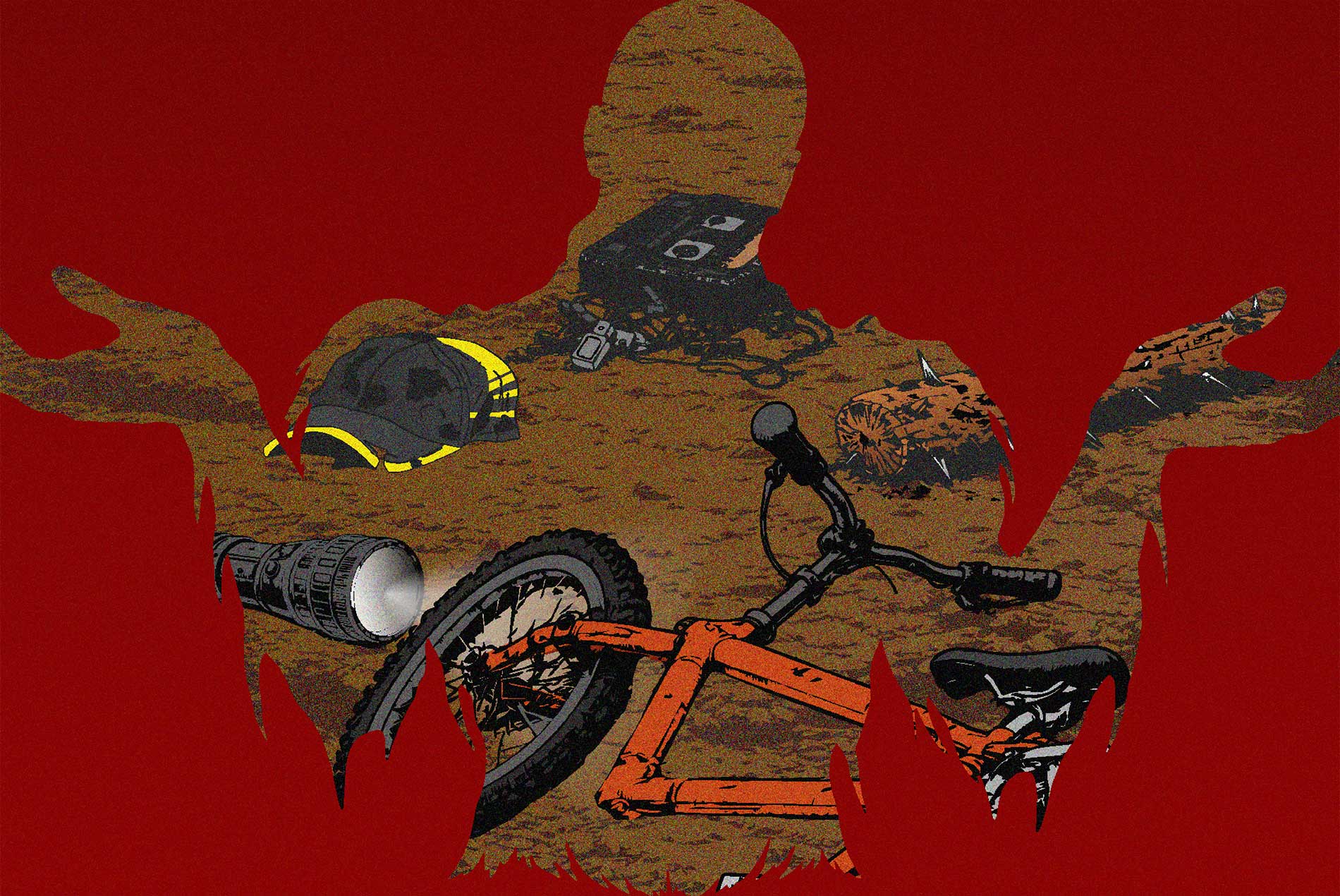 Silueta humana sobre fondo rojo con objetos tirados en el suelo, incluyendo una bicicleta, linterna, walkie-talkie y gorra, evocando una escena oscura de los años 80.