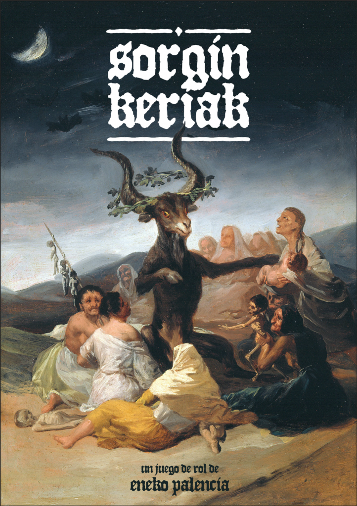 Ilustración de aquelarre nocturno con figura demoníaca y mujeres reunidas bajo la luna en la portada de Sorgin Keriak.