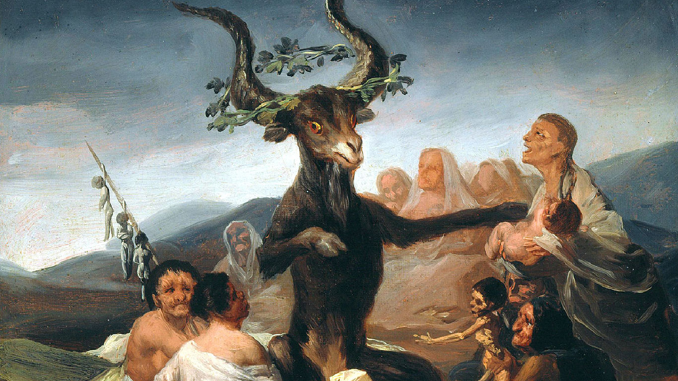 Escena de aquelarre pintada por Goya con un grupo numeroso de figuras en penumbra.