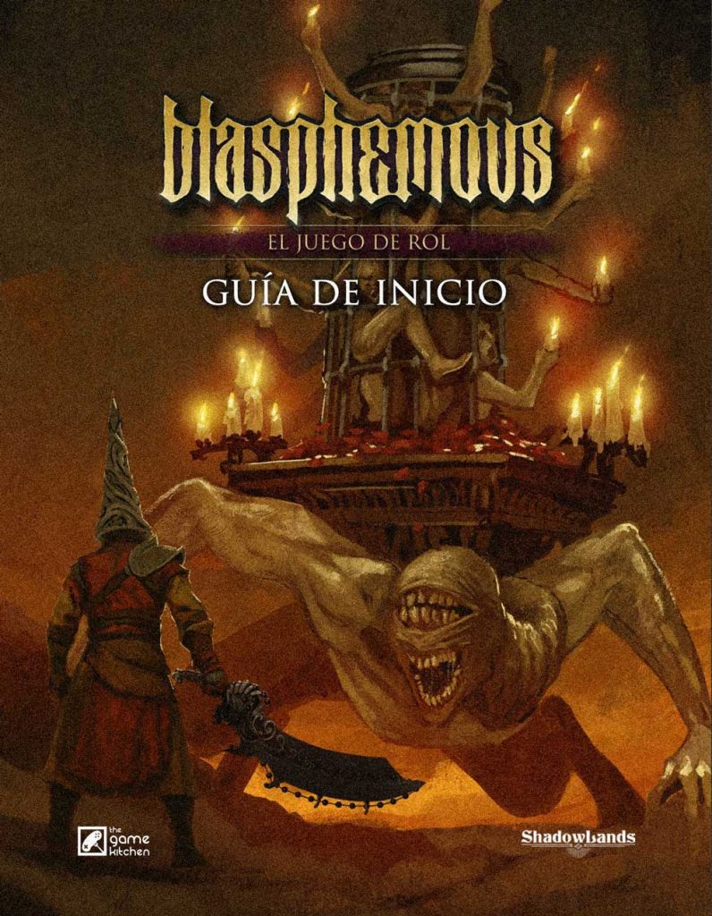 Portada de Blasphemous El Juego de Rol con el Penitente enfrentando criatura monstruosa en altar oscuro iluminado por velas