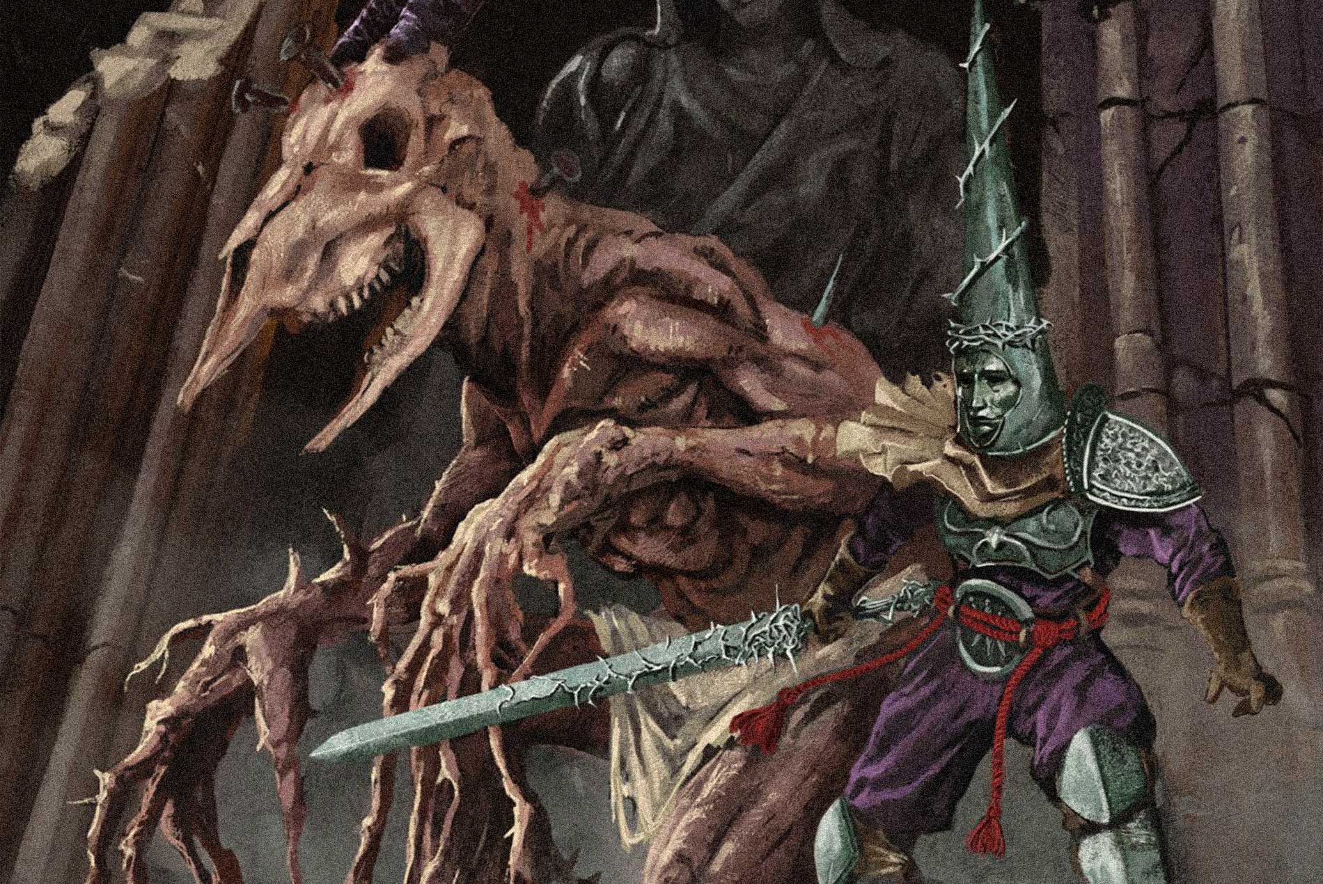 El Penitente combate una criatura grotesca en una catedral oscura en Blasphemous El Juego de Rol ambientado en Cvstodia