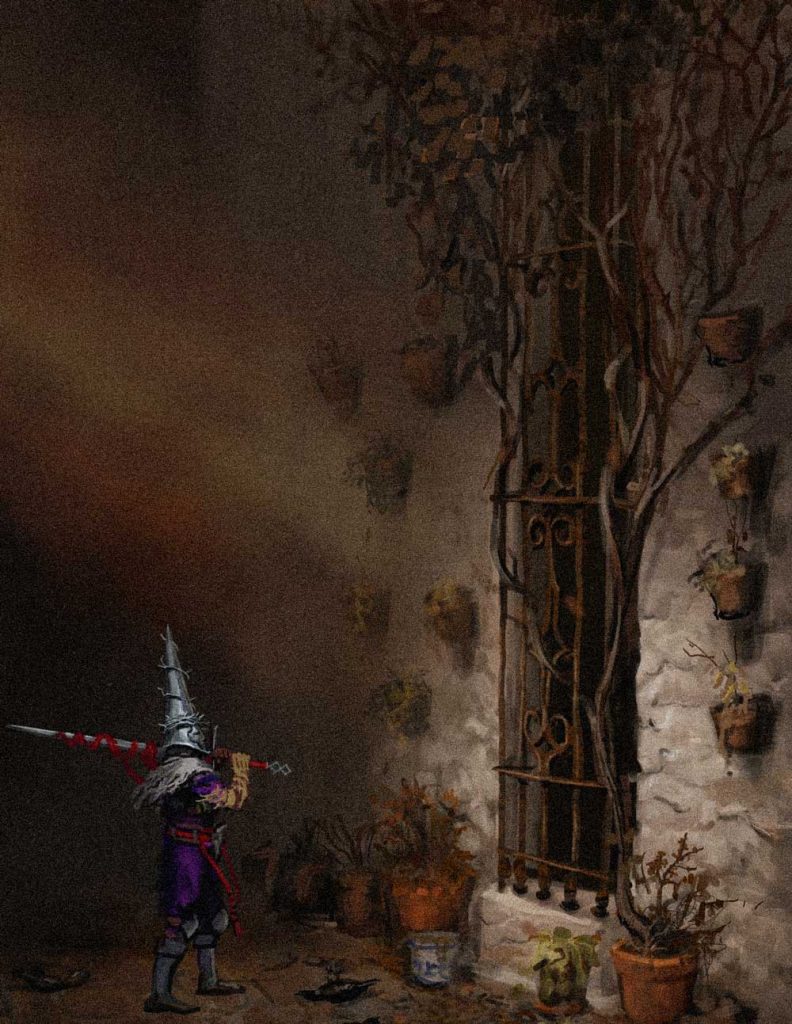 Guerrero con casco cónico sosteniendo lanza en callejón oscuro con macetas en las paredes